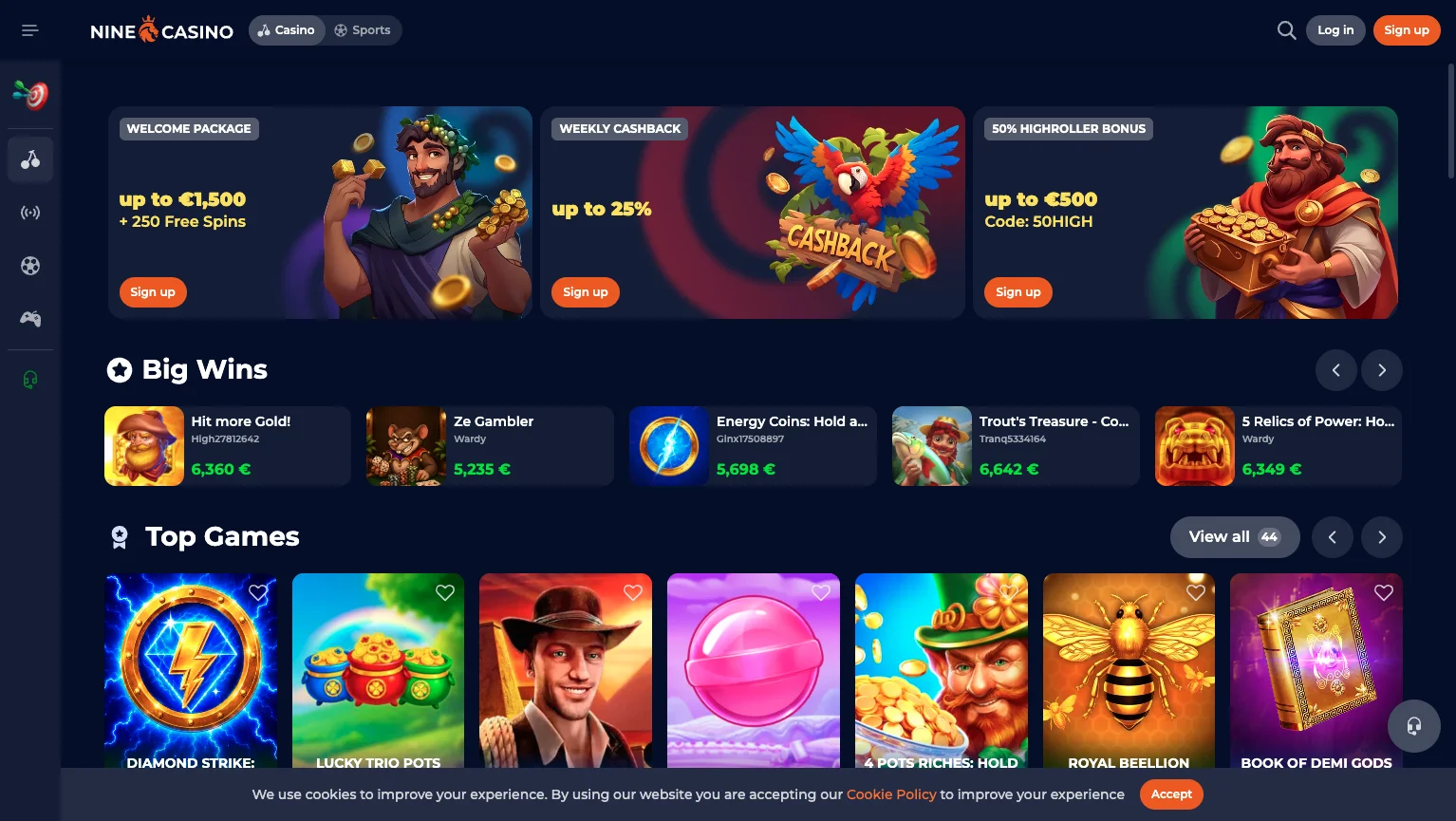 Homepage di Nine Casino con i banner del bonus di benvenuto
