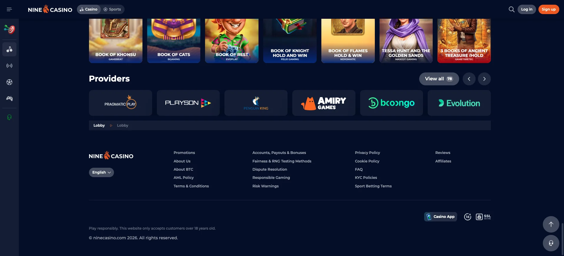 Footer di Nine Casino con link legali, fornitori e badge di sicurezza