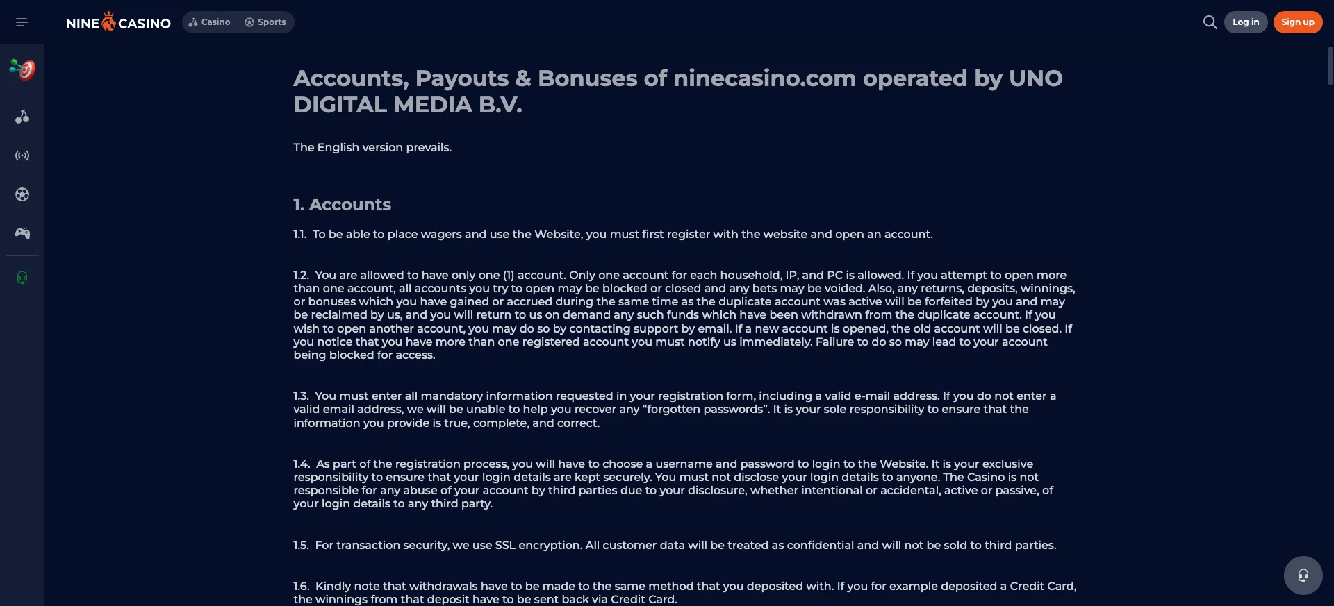 Pagina dei termini e condizioni dei bonus di Nine Casino