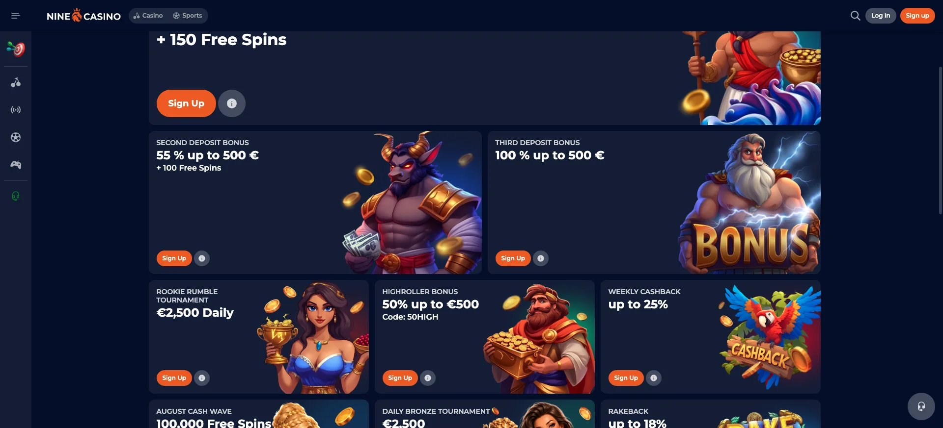Pagina delle promozioni di Nine Casino con tutti i bonus attivi