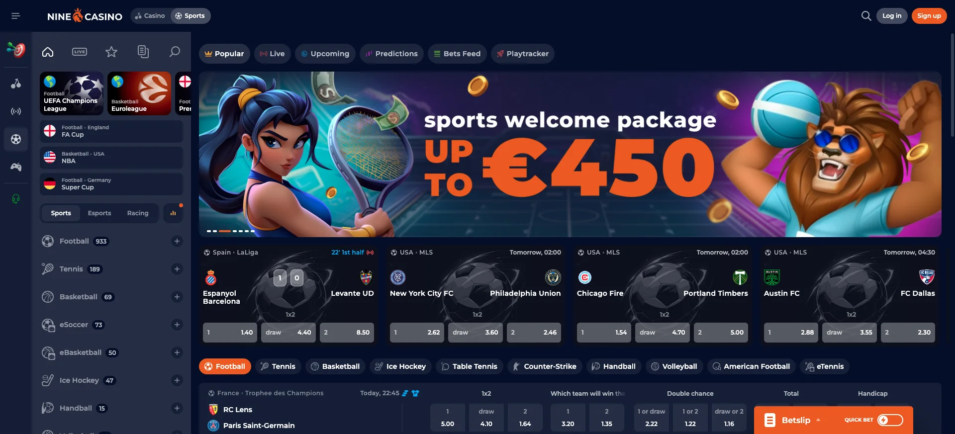 Pagina delle scommesse sportive di Nine Casino con quote live