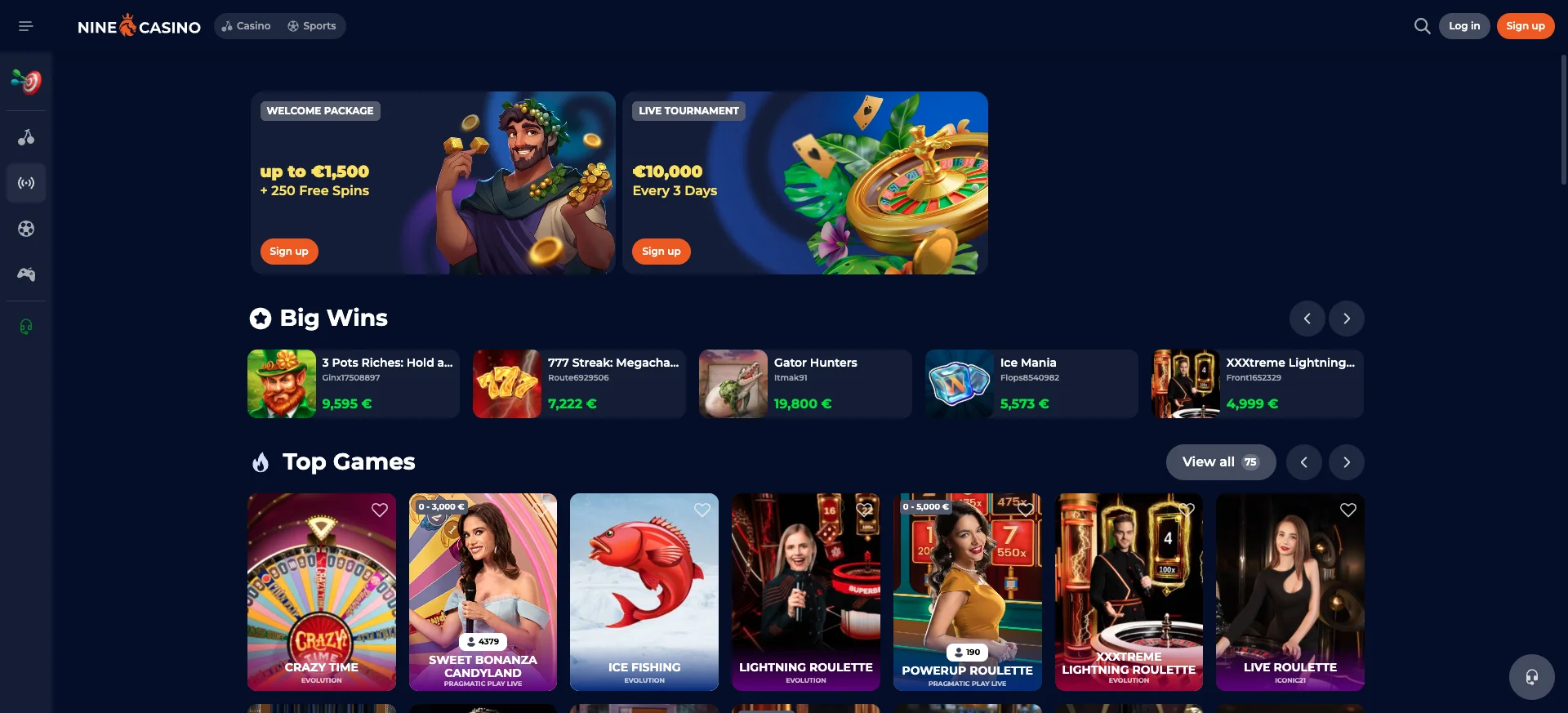 Sezione casinò live di Nine Casino con tavoli in diretta