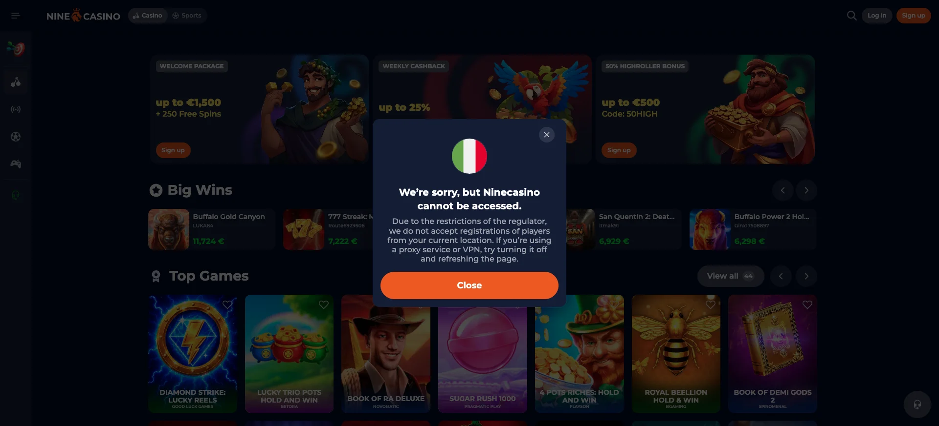 Messaggio di blocco geografico mostrato durante il tentativo di registrazione