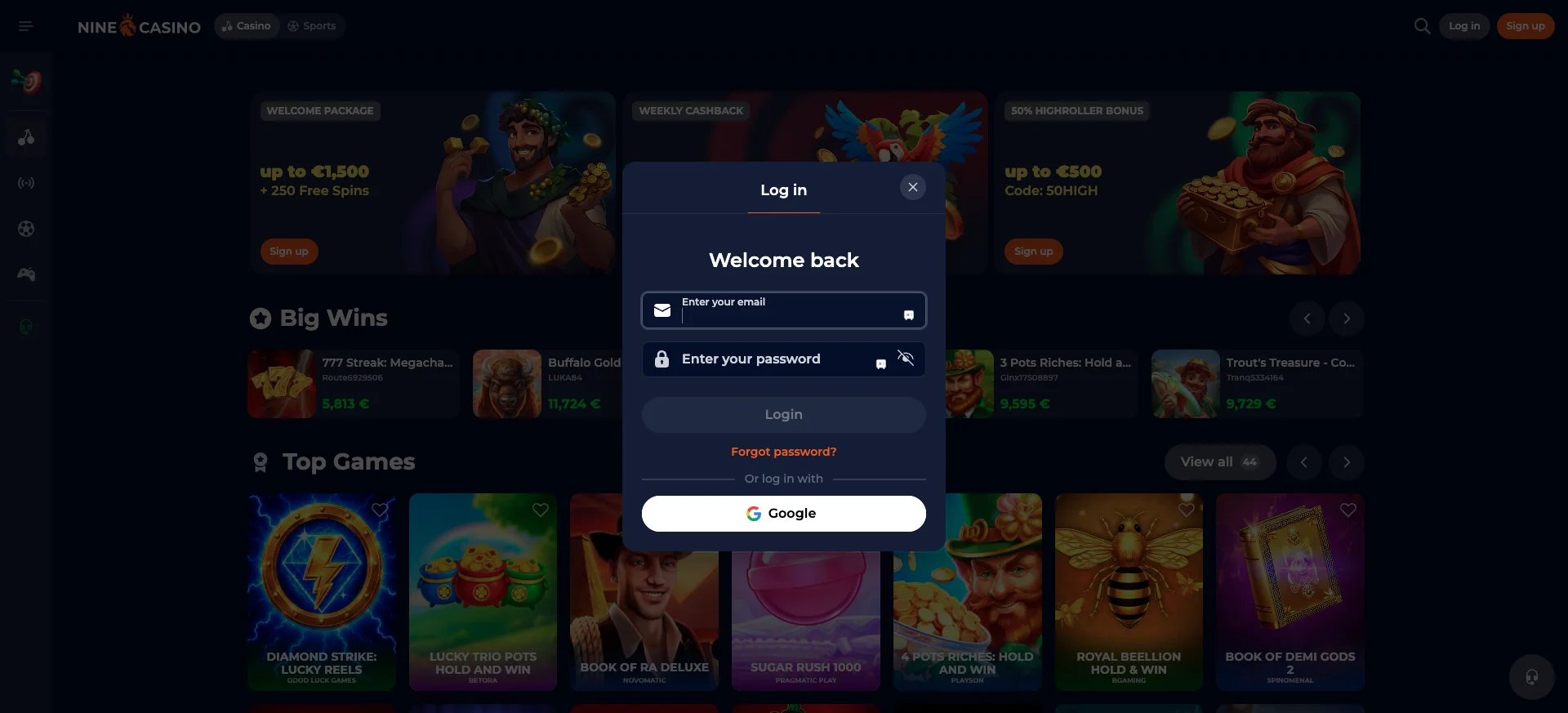 Finestra di login di Nine Casino con accesso email, password e Google