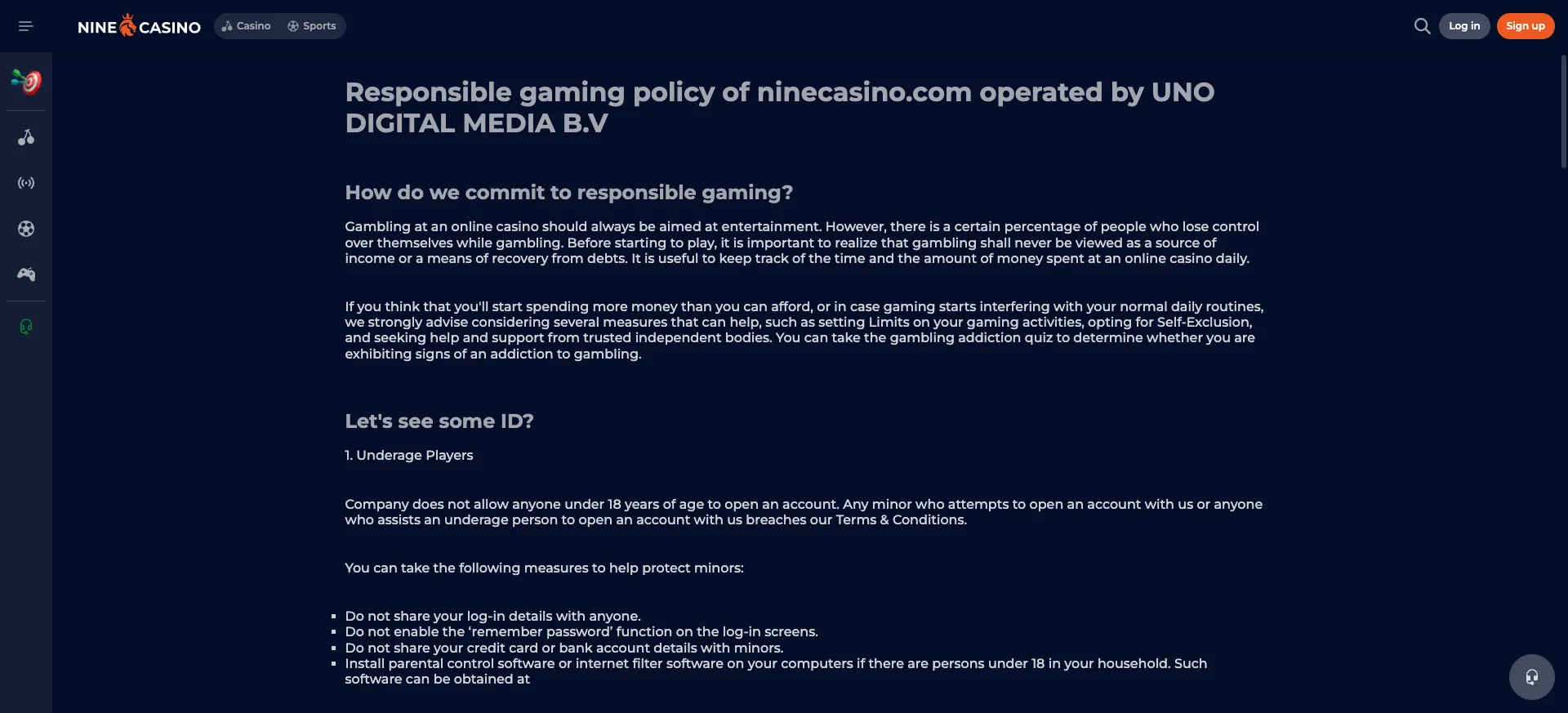 Pagina del gioco responsabile di Nine Casino con strumenti di autoesclusione